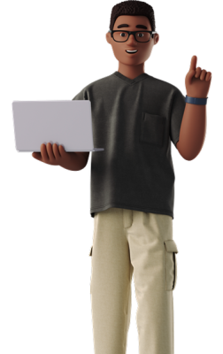 young man with laptop pointing up